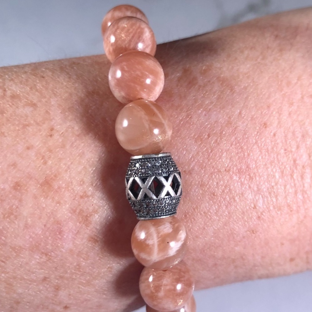 Peach Sunstone Beaded Bracelet with Matt finish Silver Accent Bead with Marcasit